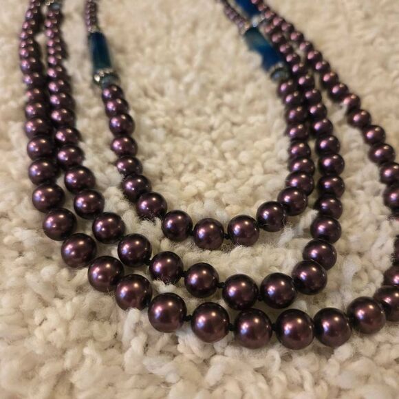 Coldwater Creek Purple Pearl & Blue Agate 3 strand Necklace - Picture 1 of 8